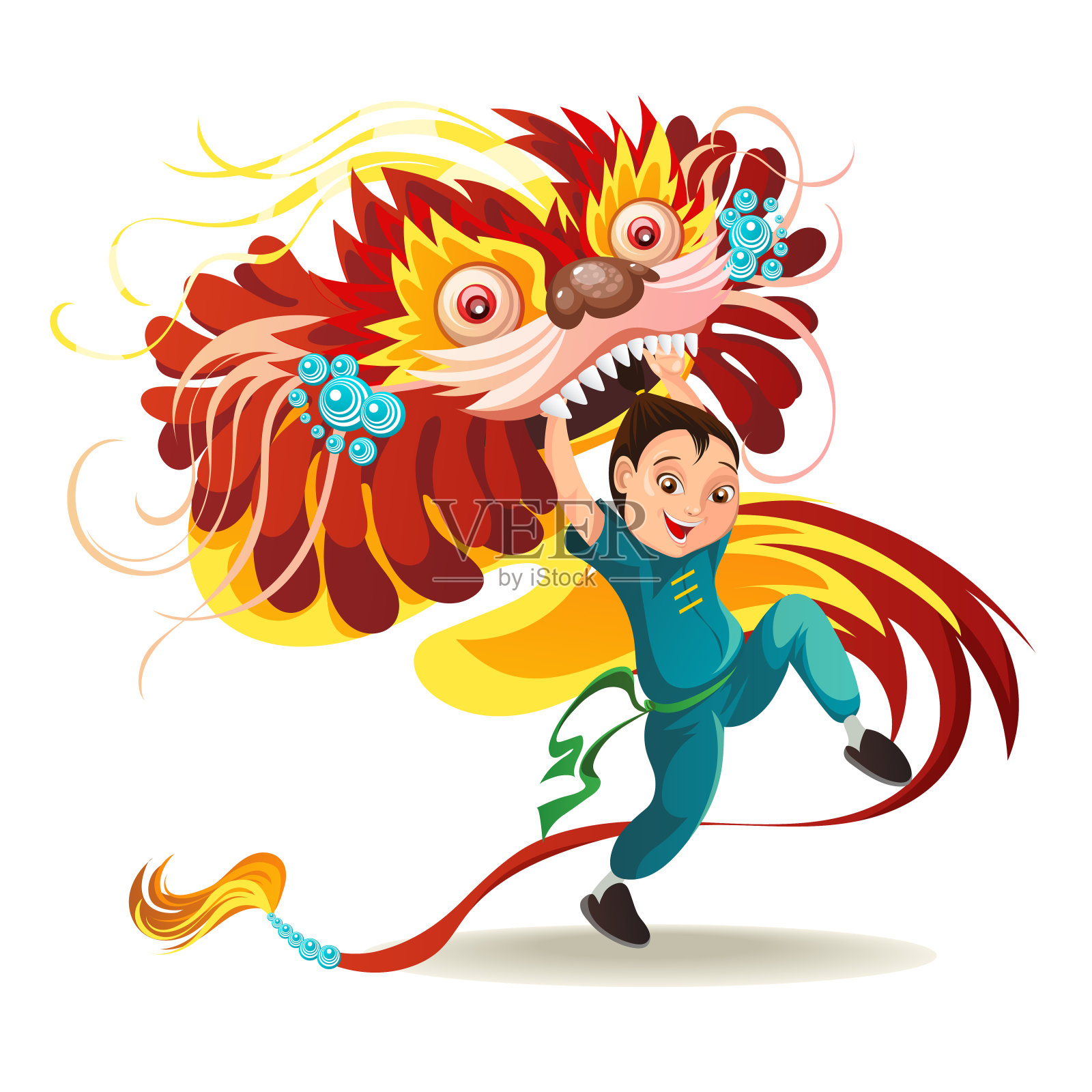 中国农历新年舞狮大战孤立在白色背景下，快乐的舞者在中国传统服装手持五颜六色的龙面具在游行或狂欢节，卡通风格矢量插图插画图片素材