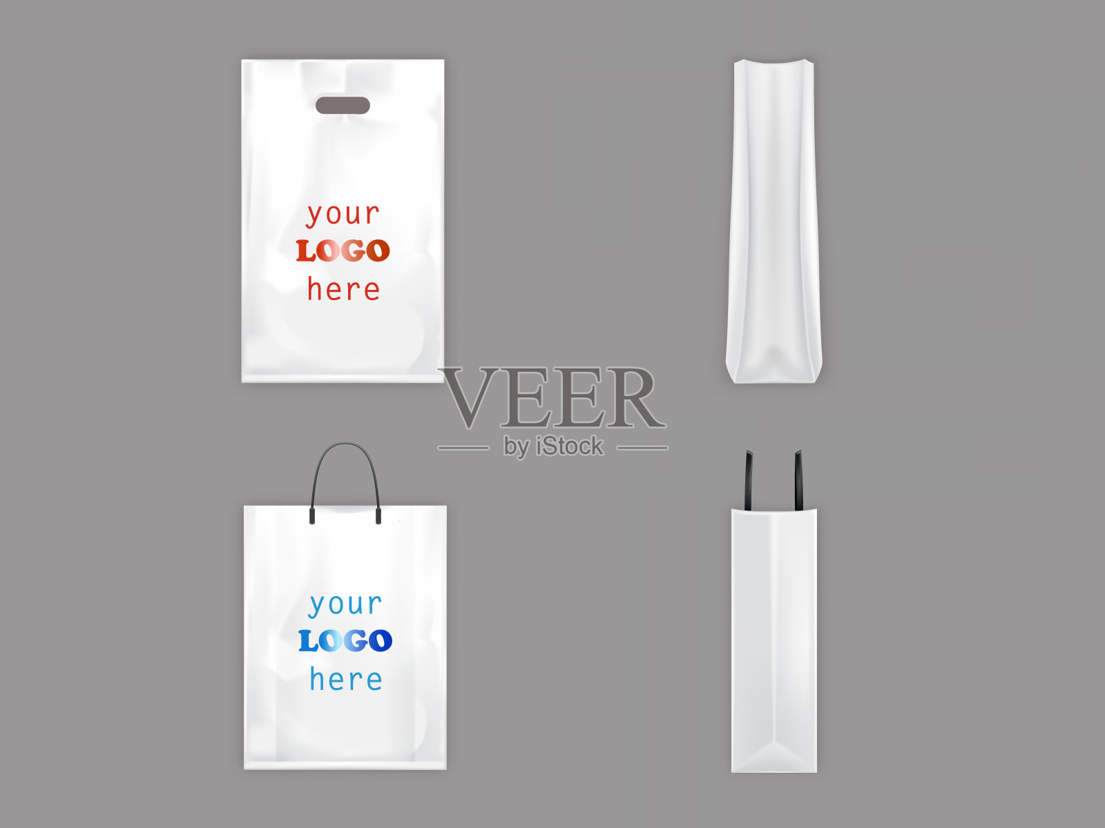 塑料和纸购物袋矢量隔离3D现实白色空白包装与处理模板的品牌插画图片素材