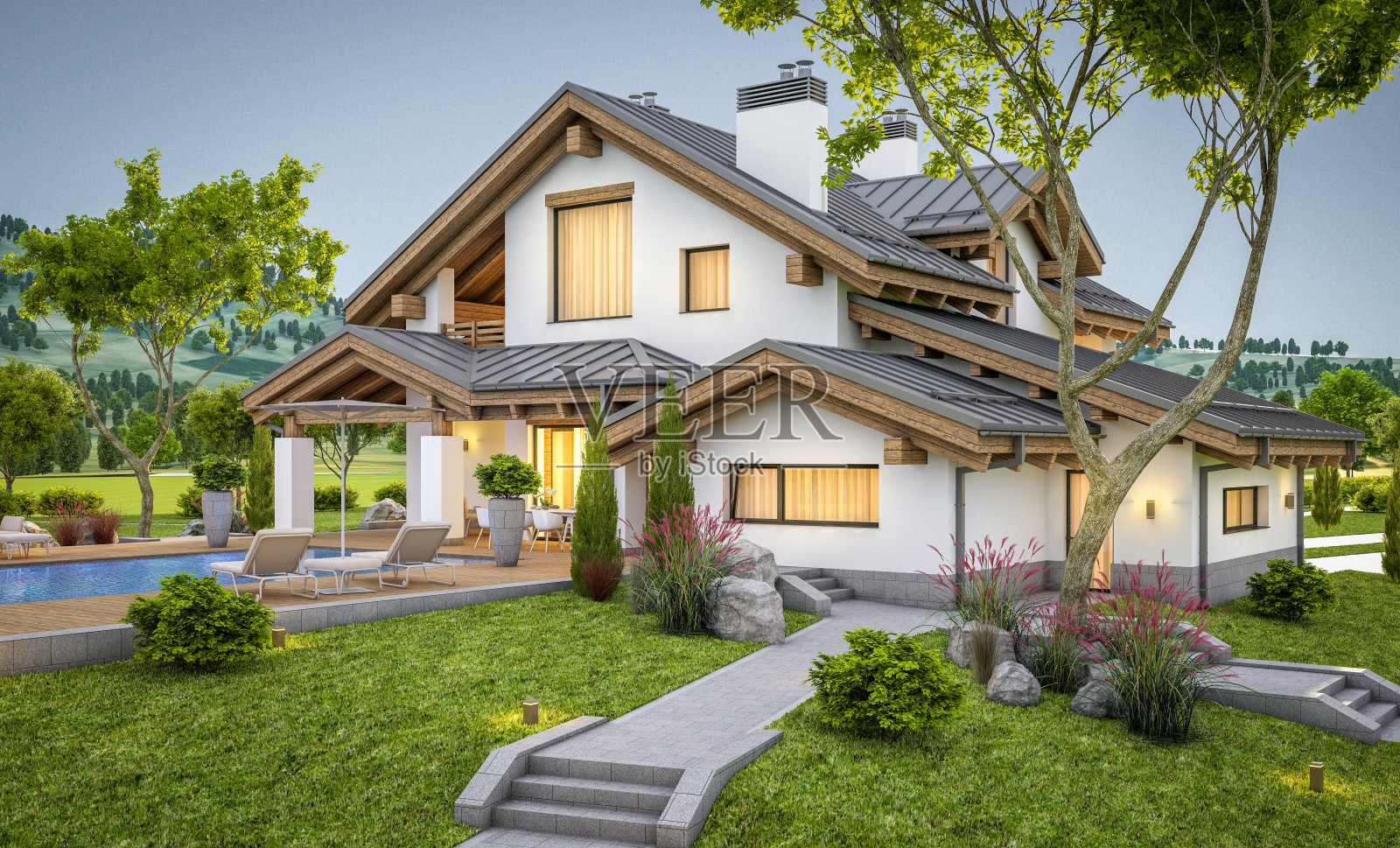 木屋风格的现代舒适住宅的3d渲染插画图片素材