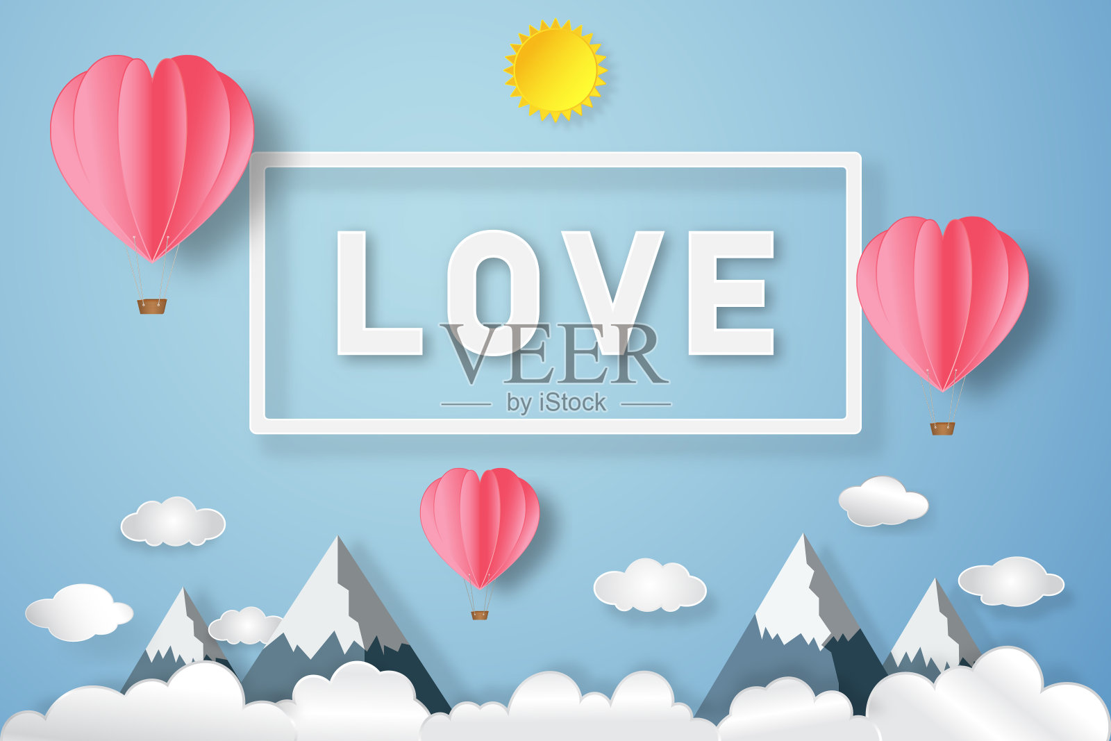 粉色心形气球的爱情文字，晴朗的蓝天作为情人节，婚礼和纸艺术概念。矢量插图。插画图片素材