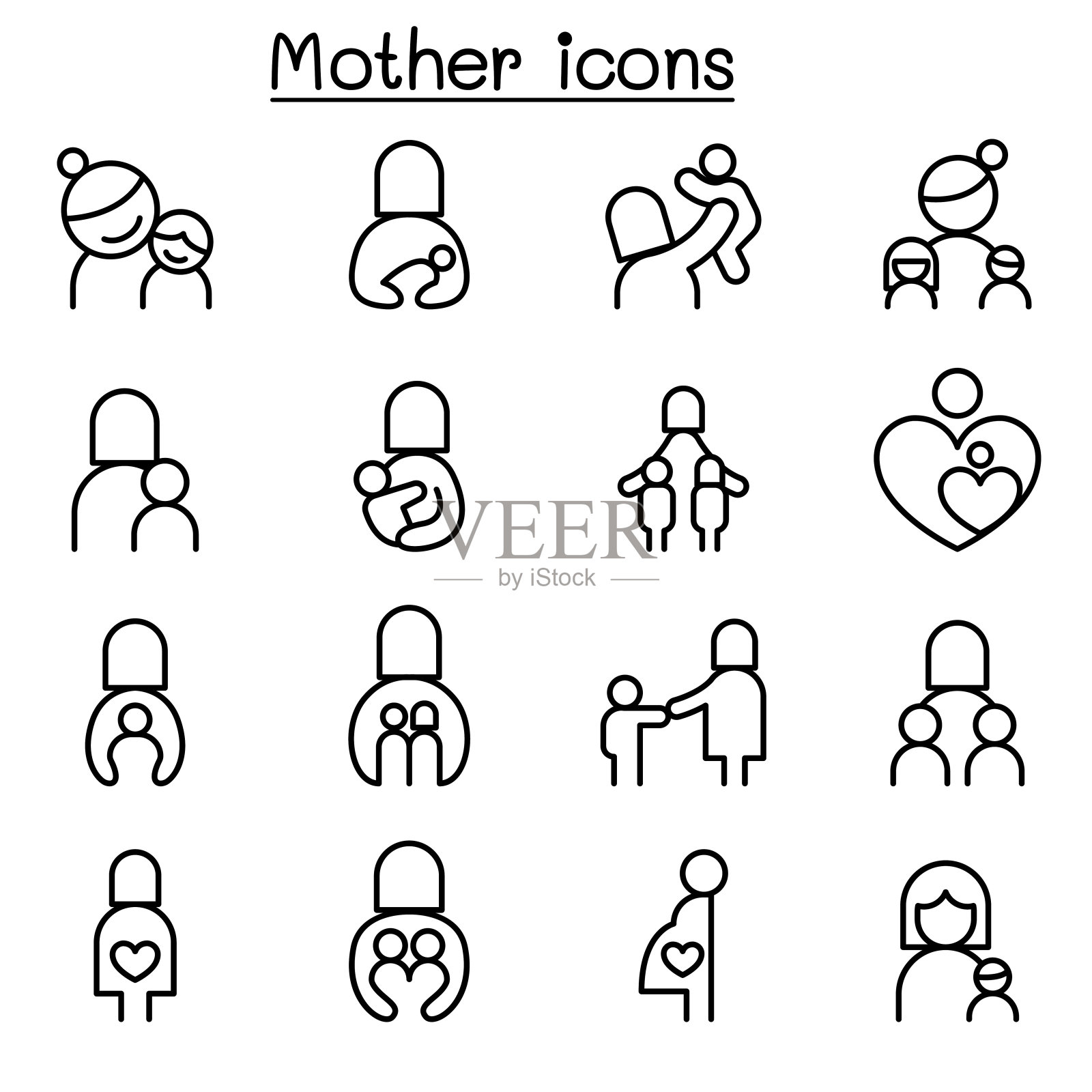 母亲图标设置在细线风格图标素材
