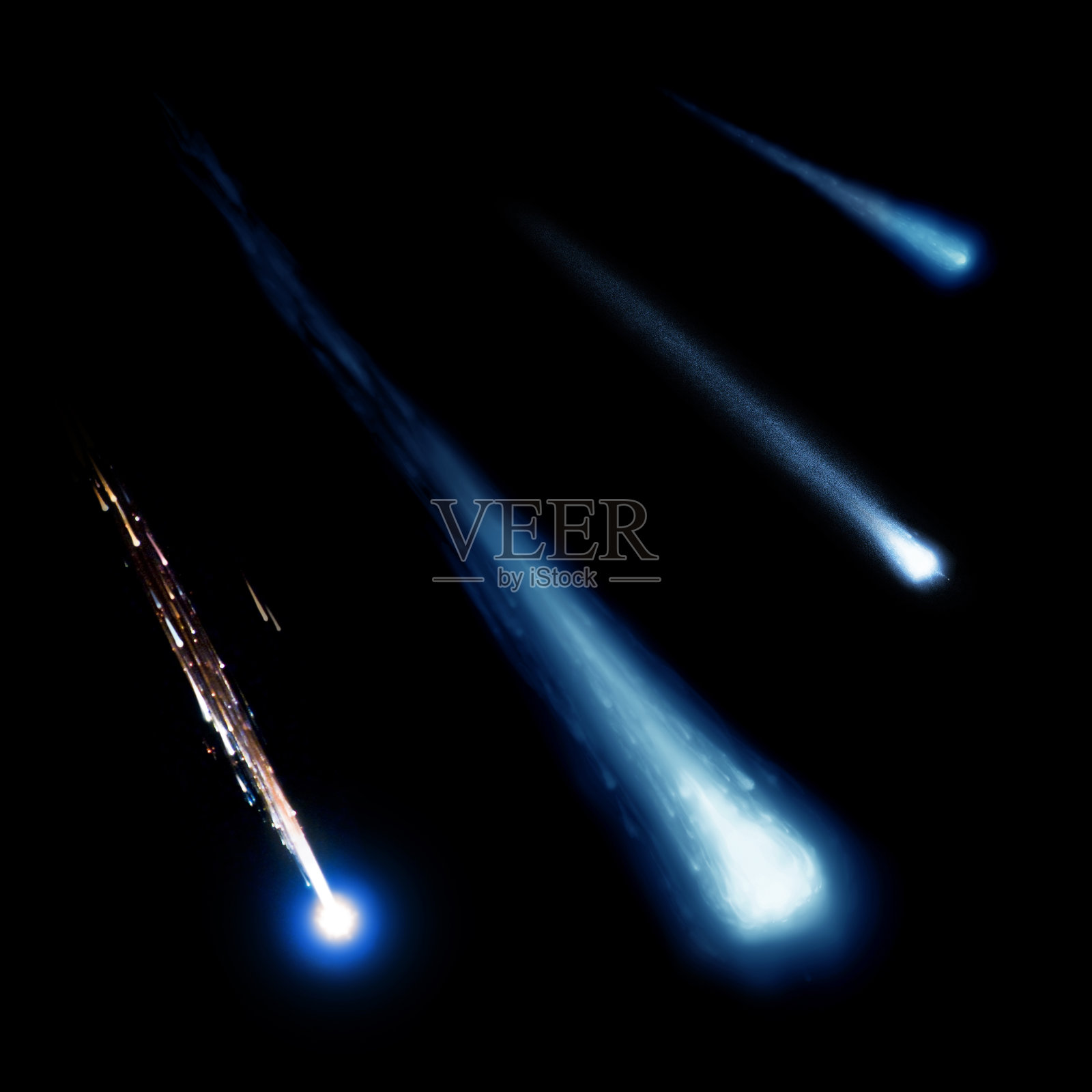 蓝色流星和彗星收集孤立在黑色背景。照片摄影图片