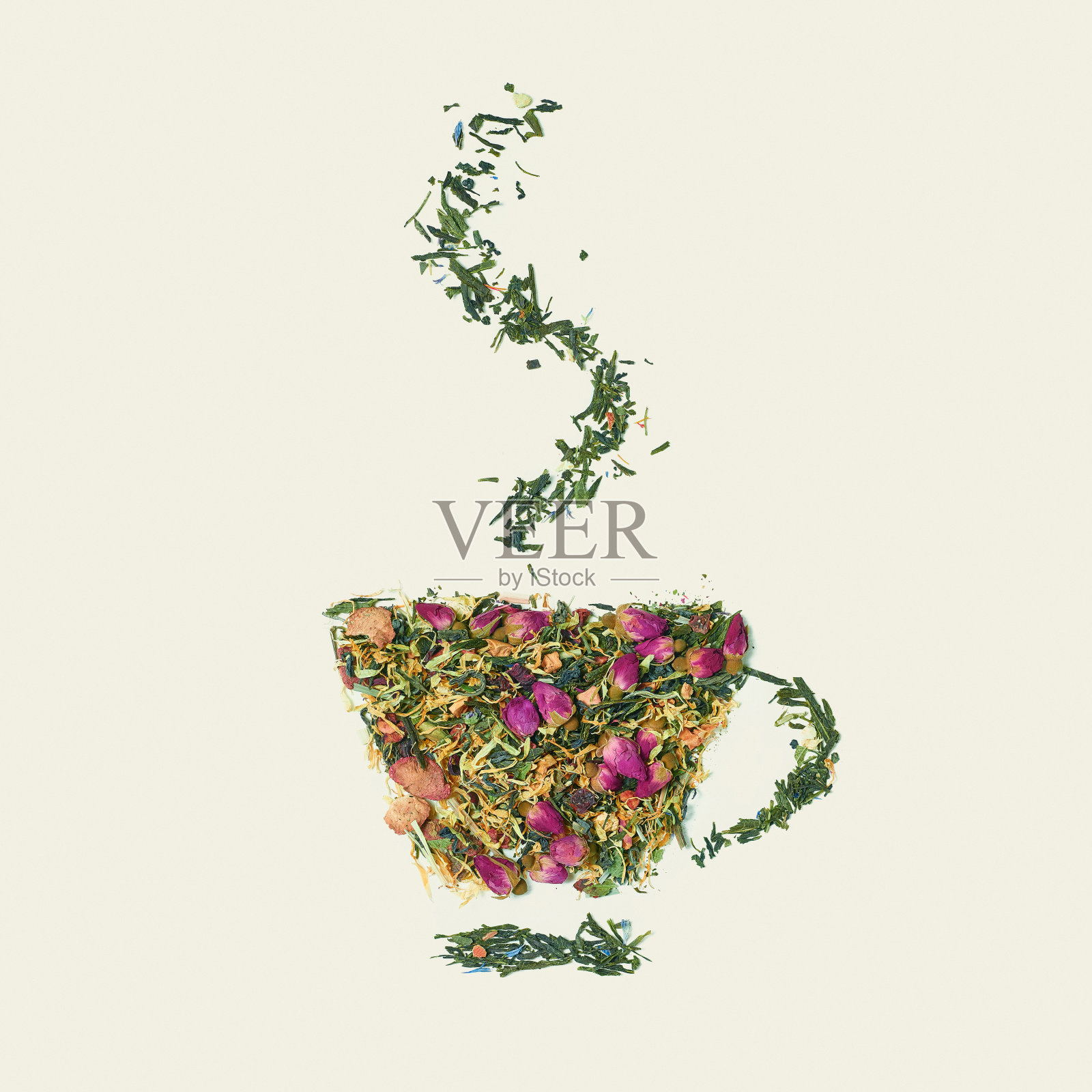 茶叶与花和果字茶白底，俯视图照片摄影图片
