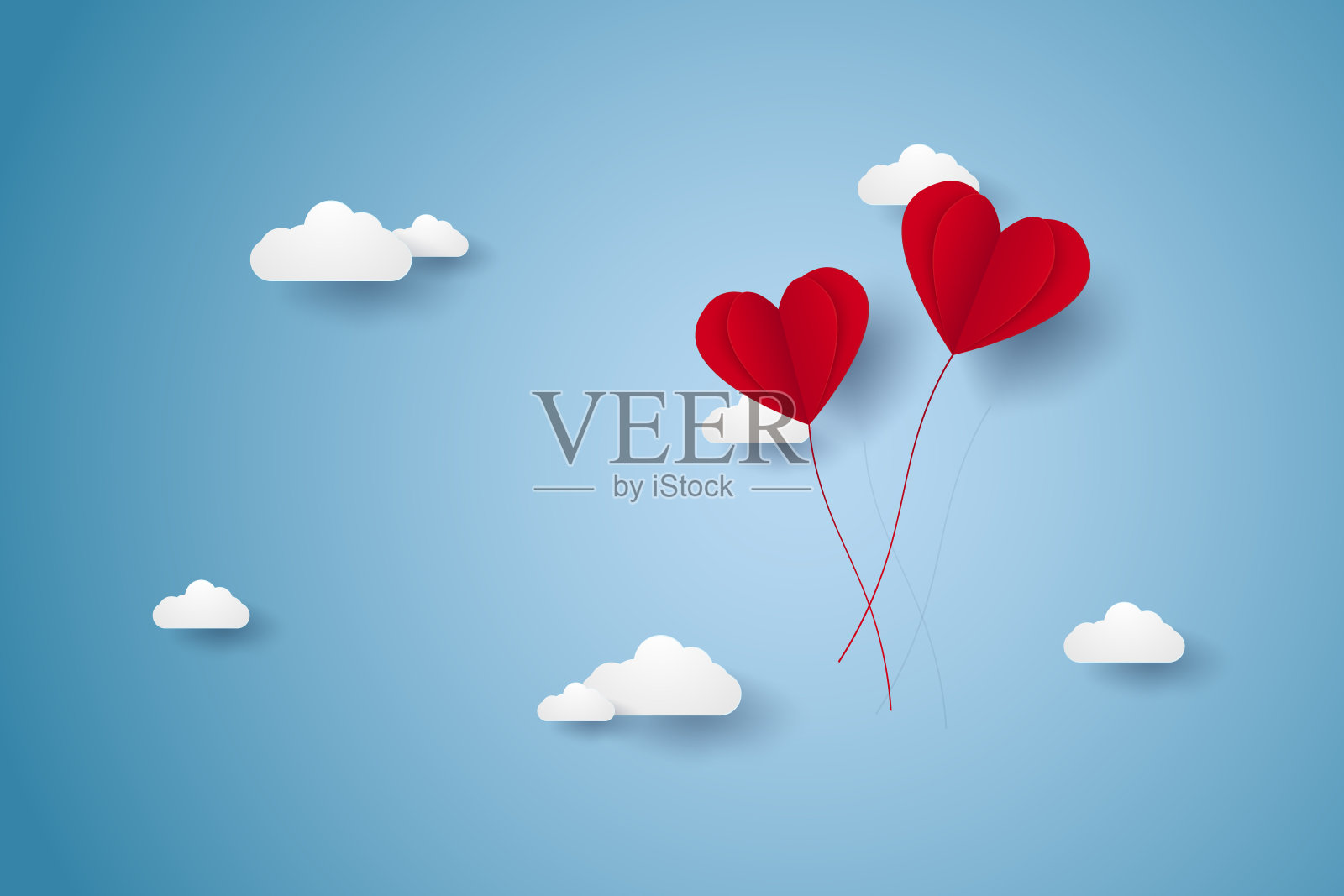 情人节，爱的插画，在天空中飞翔的红心气球，纸艺术风格插画图片素材