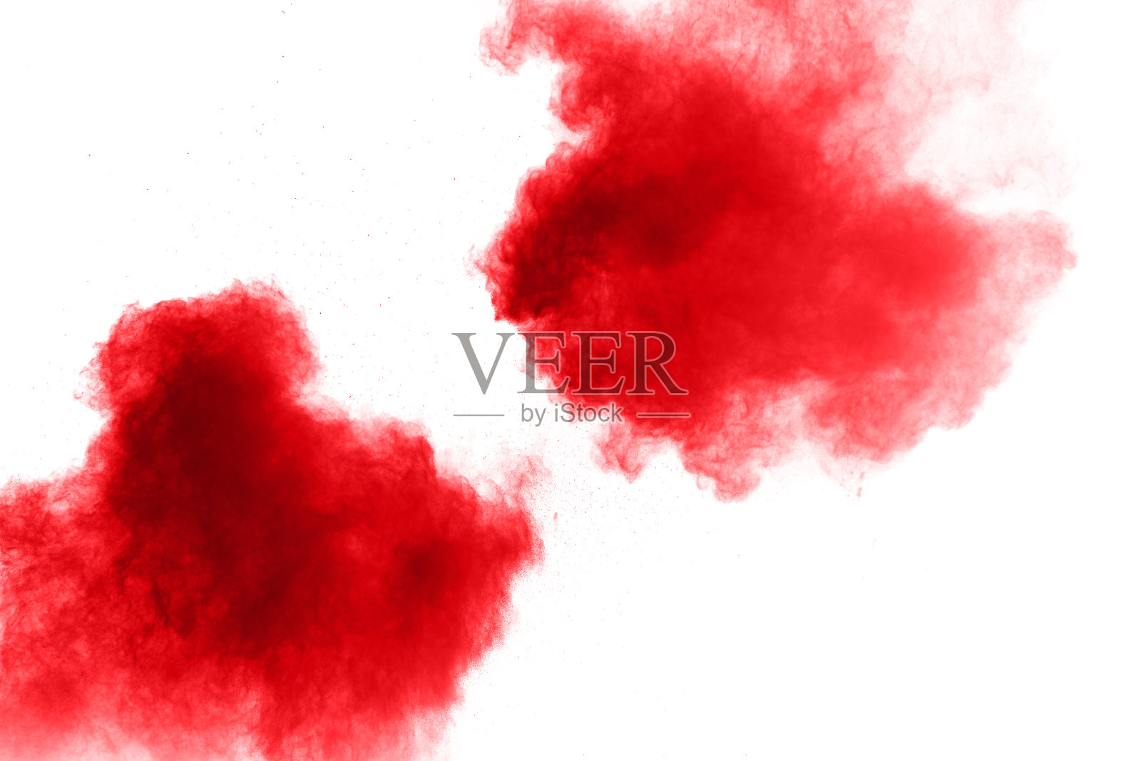 抽象的红色尘埃飞溅在白色背景上。白色背景上的红色粉末爆炸。冻结红色粒子飞溅的运动。照片摄影图片