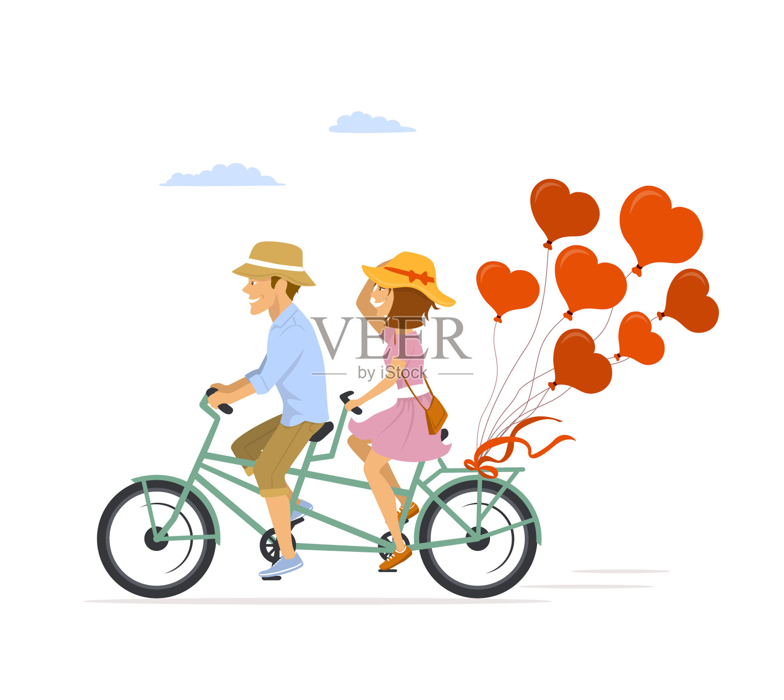 可爱、浪漫、欢快的情侣骑着带心形气球的双人自行车插画图片素材