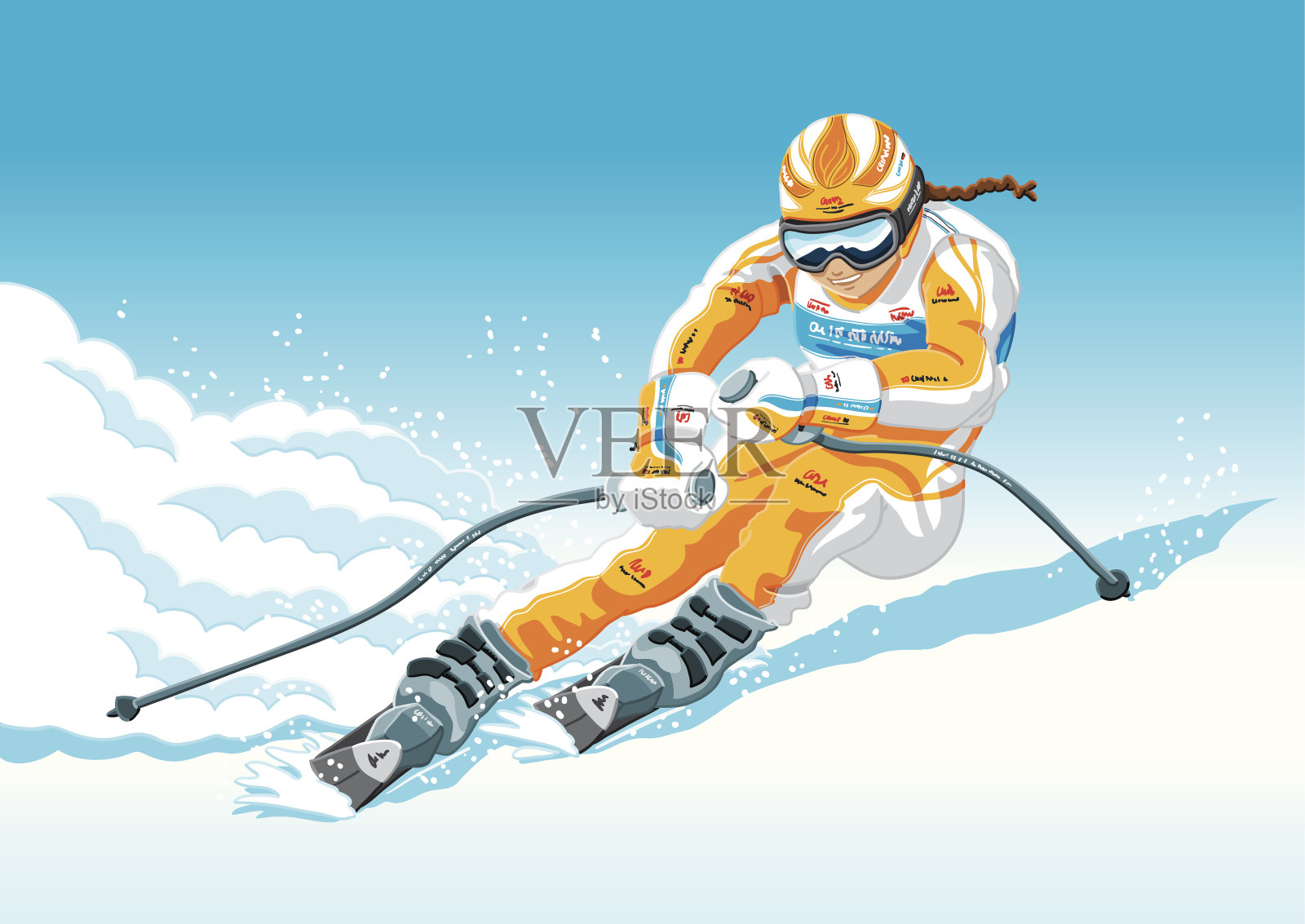 女性下坡滑雪插画图片素材