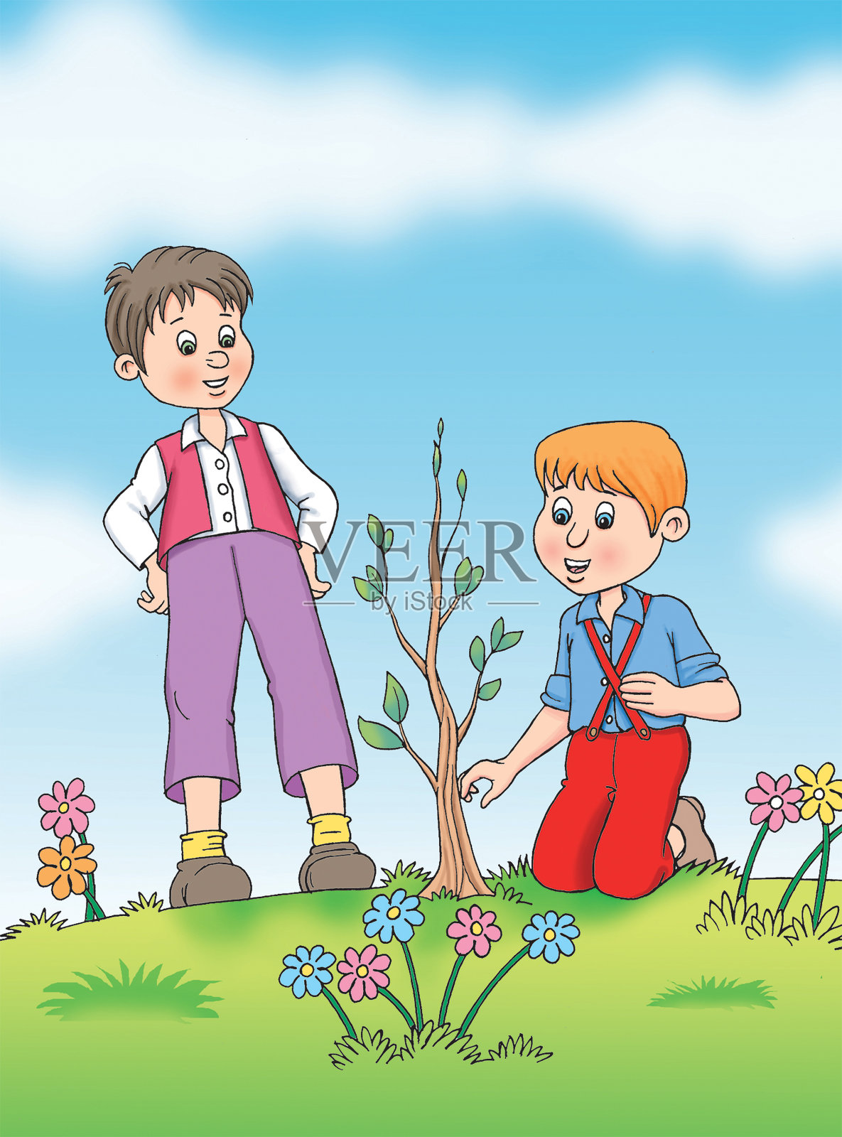 两个孩子在花园里种植物- jpg插图插画图片素材