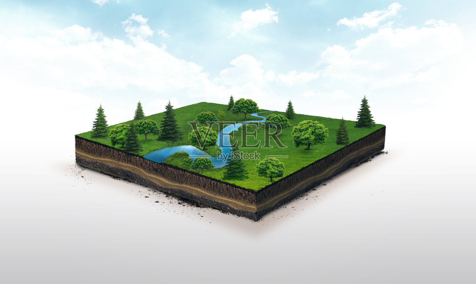 土壤切片的3d插图，蓝色的河流，绿色草地与树木孤立在白色的背景插画图片素材