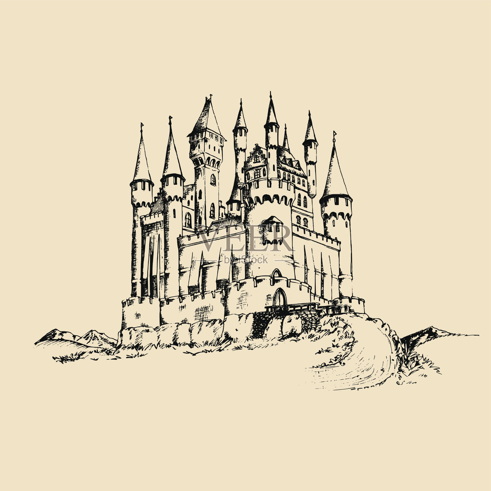 向量旧城堡插图。哥特式城堡背景。山中古塔景观手绘写生插画图片素材