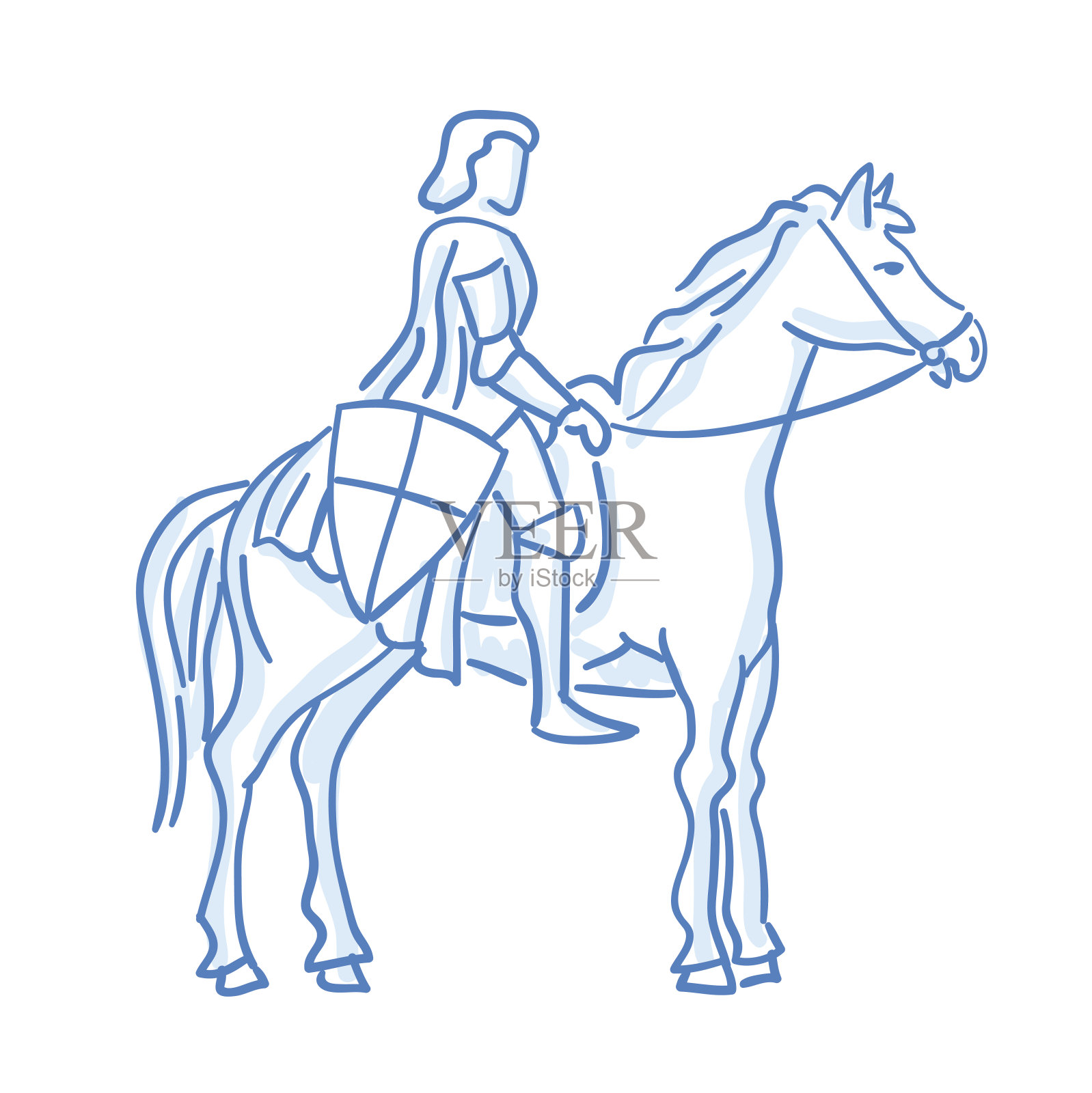 中世纪马背上的骑士标志。线素描。股票向量。历史插图。插画图片素材