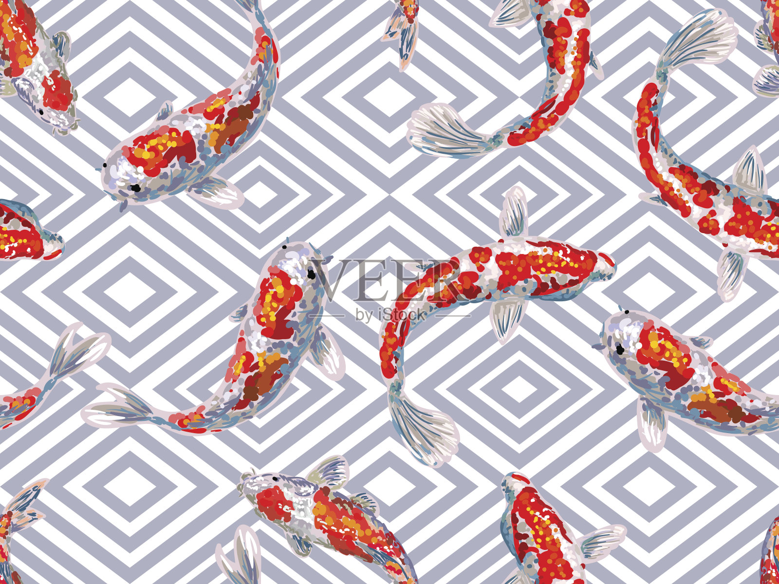 日本鲤鱼鱼无缝图案。矢量背景完美的壁纸，图案填充，网页，表面纹理，纺织品插画图片素材