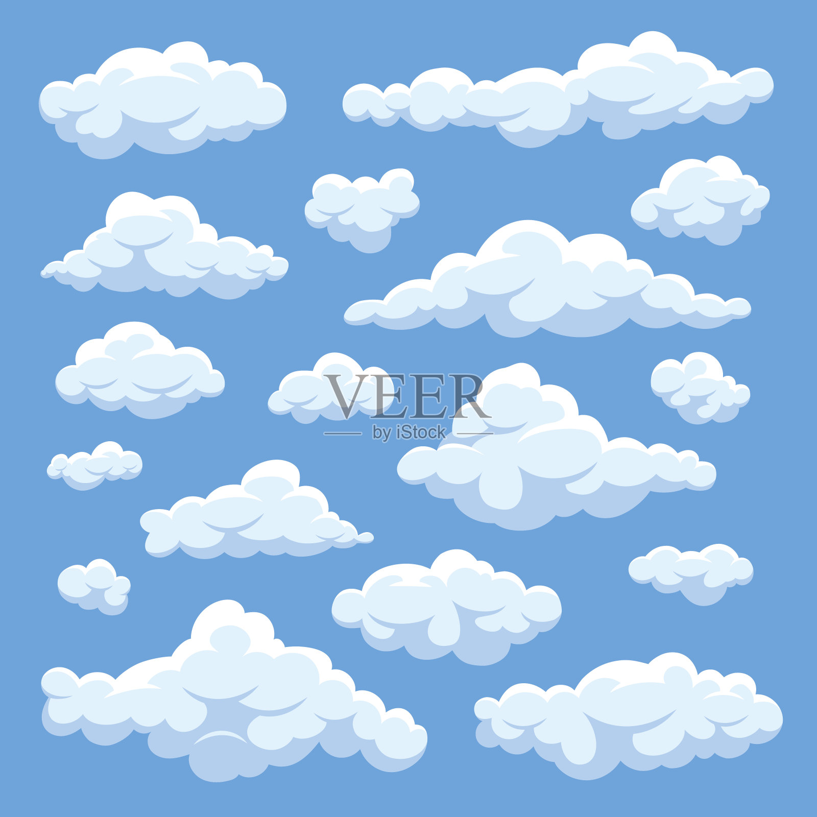 蓬松的白色卡通云在蓝天矢量集。阴天天堂插画图片素材