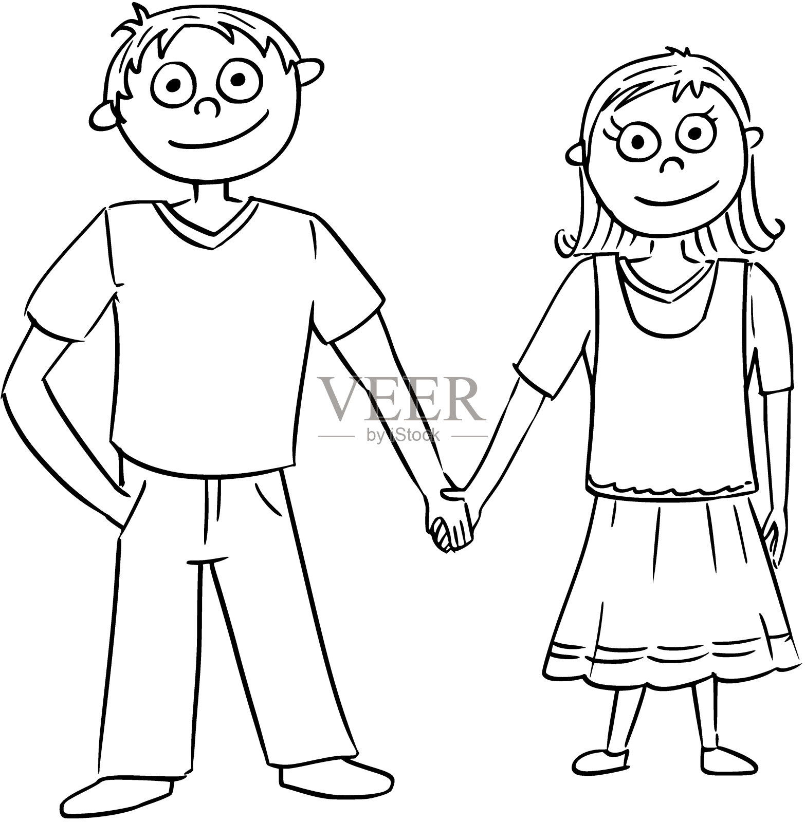 男孩和女孩牵着彼此的手的卡通插图插画图片素材