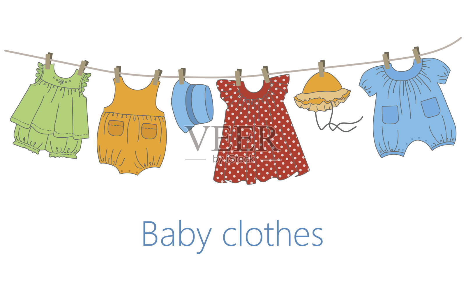 婴儿衣服挂在晾衣绳上插画图片素材