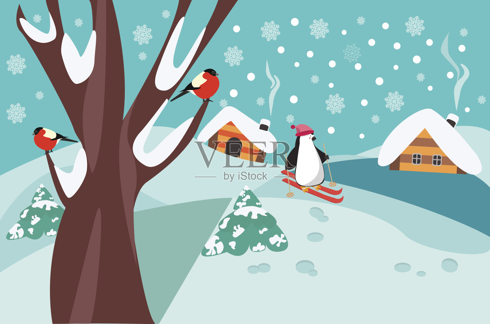 快乐的节日冬季景观与冷杉，树和可爱的滑雪企鹅。插画图片素材