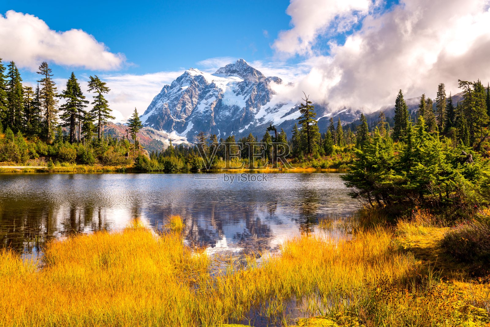 描绘美国华盛顿州舒克山湖的秋色照片摄影图片