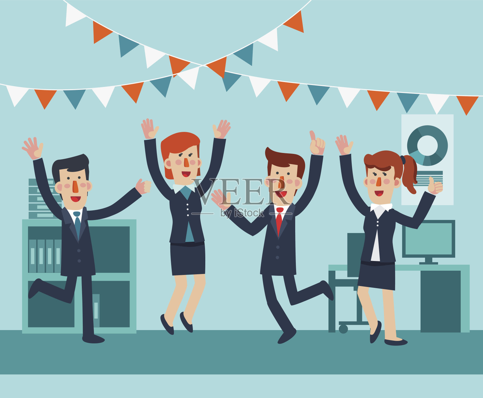 年轻快乐的商业人士在办公室里跳来跳去。成功的人们，微笑着庆祝胜利插画图片素材