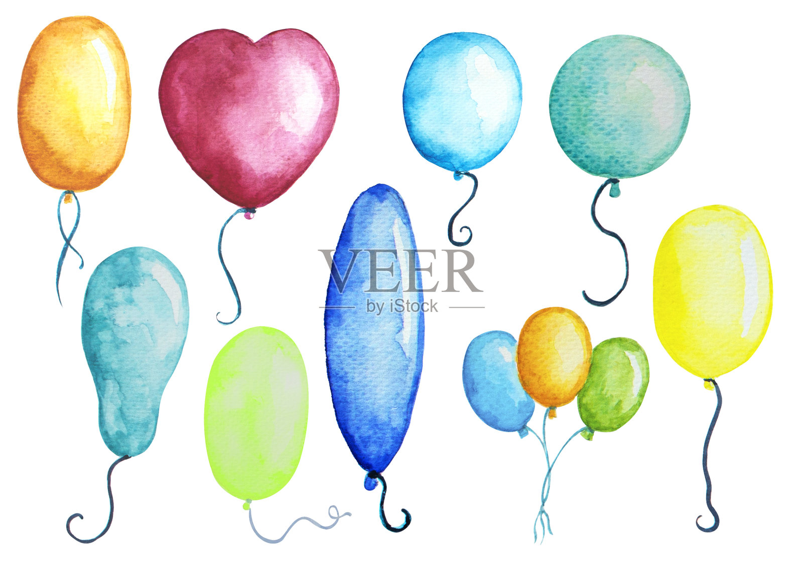 水彩手绘生日气球插图。设计元素图片