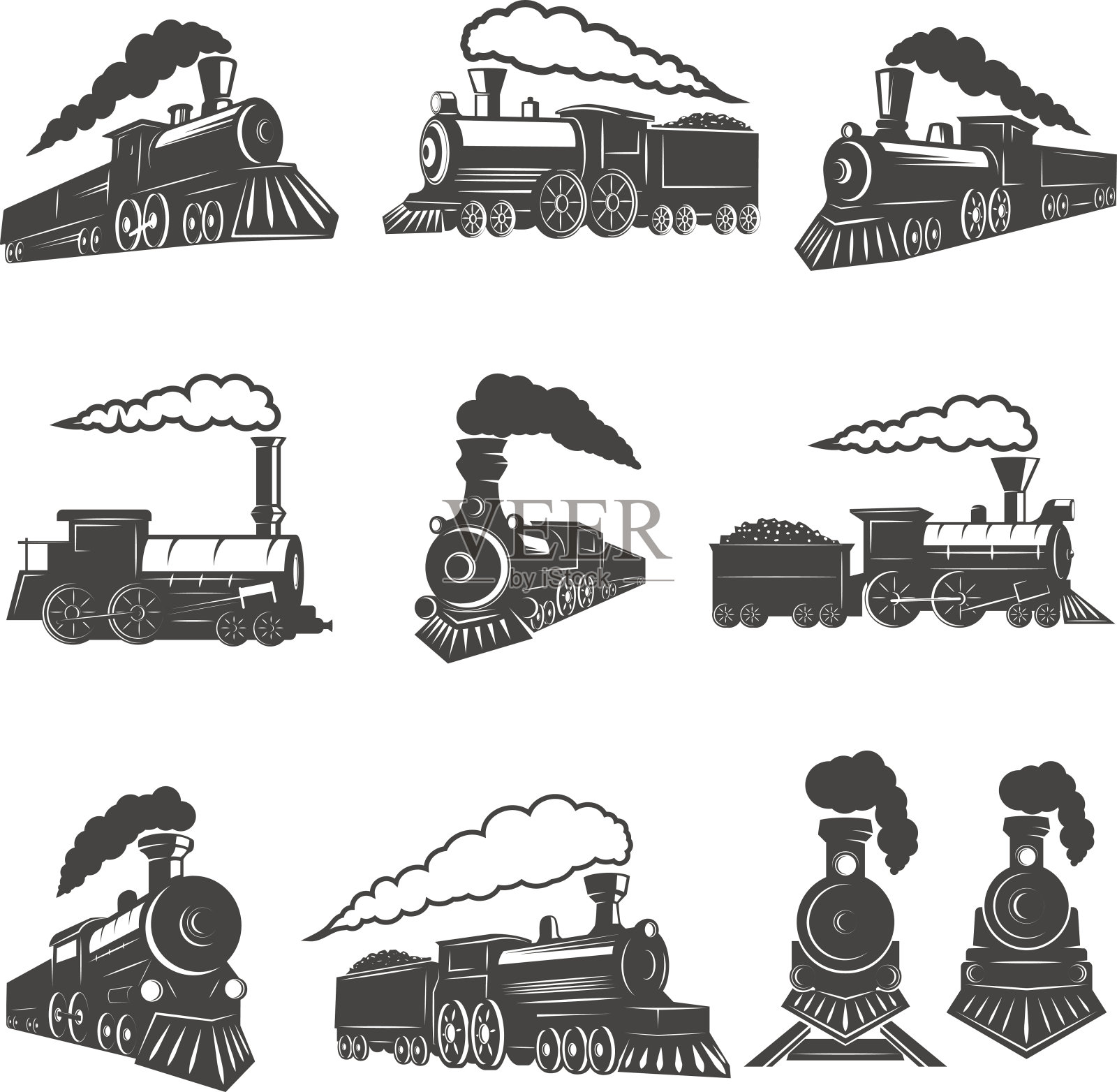 一组孤立在白色背景上的老式火车。设计元素为标签，品牌标志，标志，海报。矢量图插画图片素材