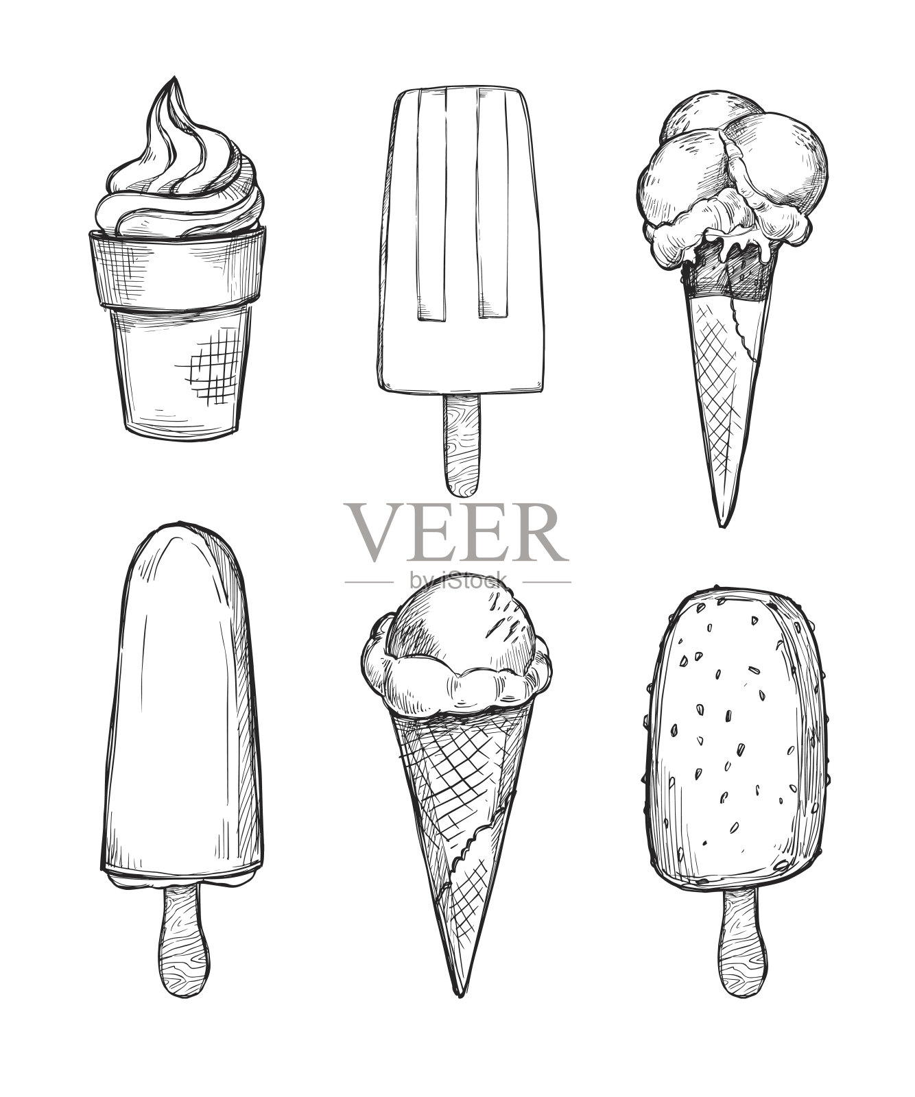手绘矢量插图-收集的冰淇淋和冰淇淋。适用于广告、印刷、织物、明信片、传单等插画图片素材