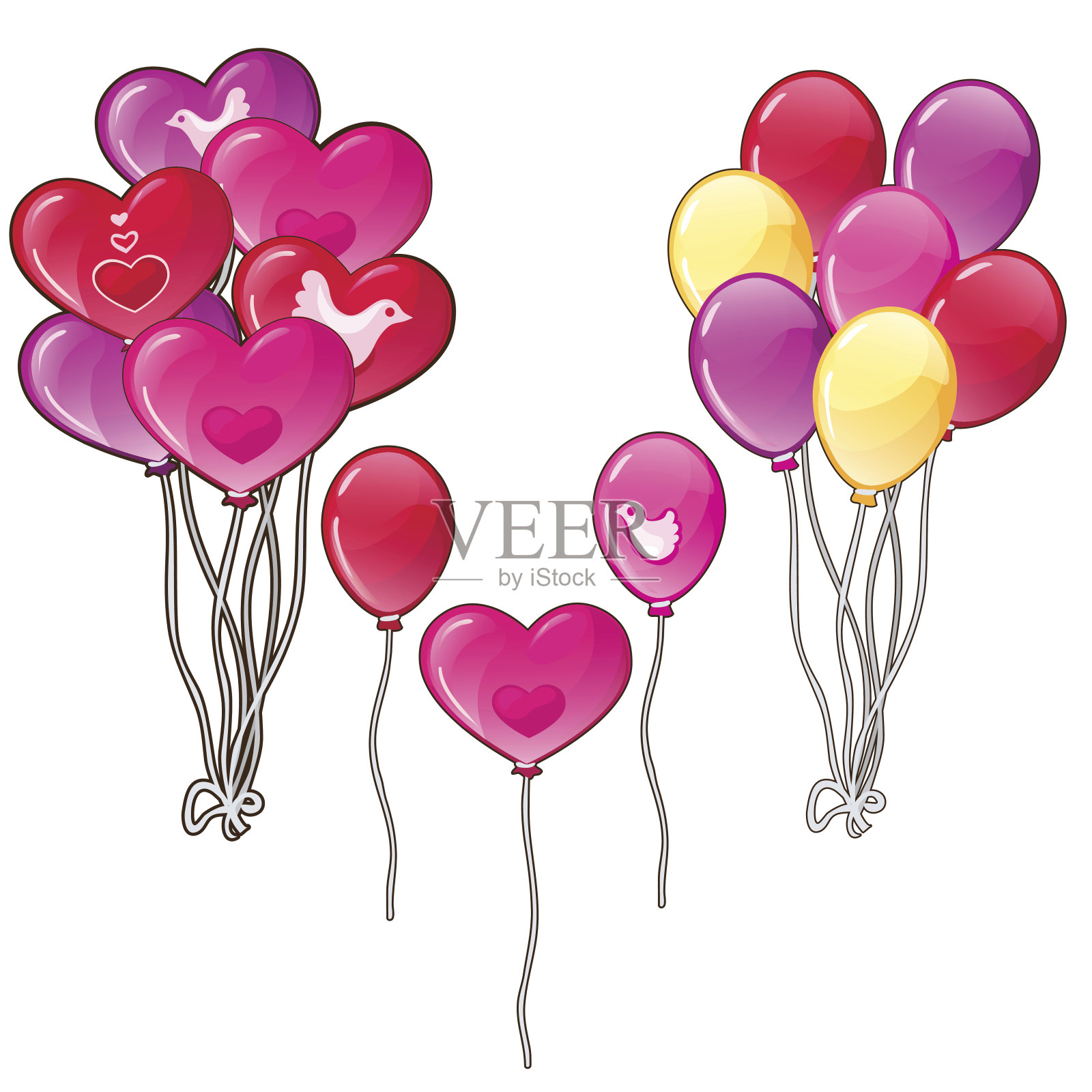 气球，花束，经典的形状和一个心形设计元素图片
