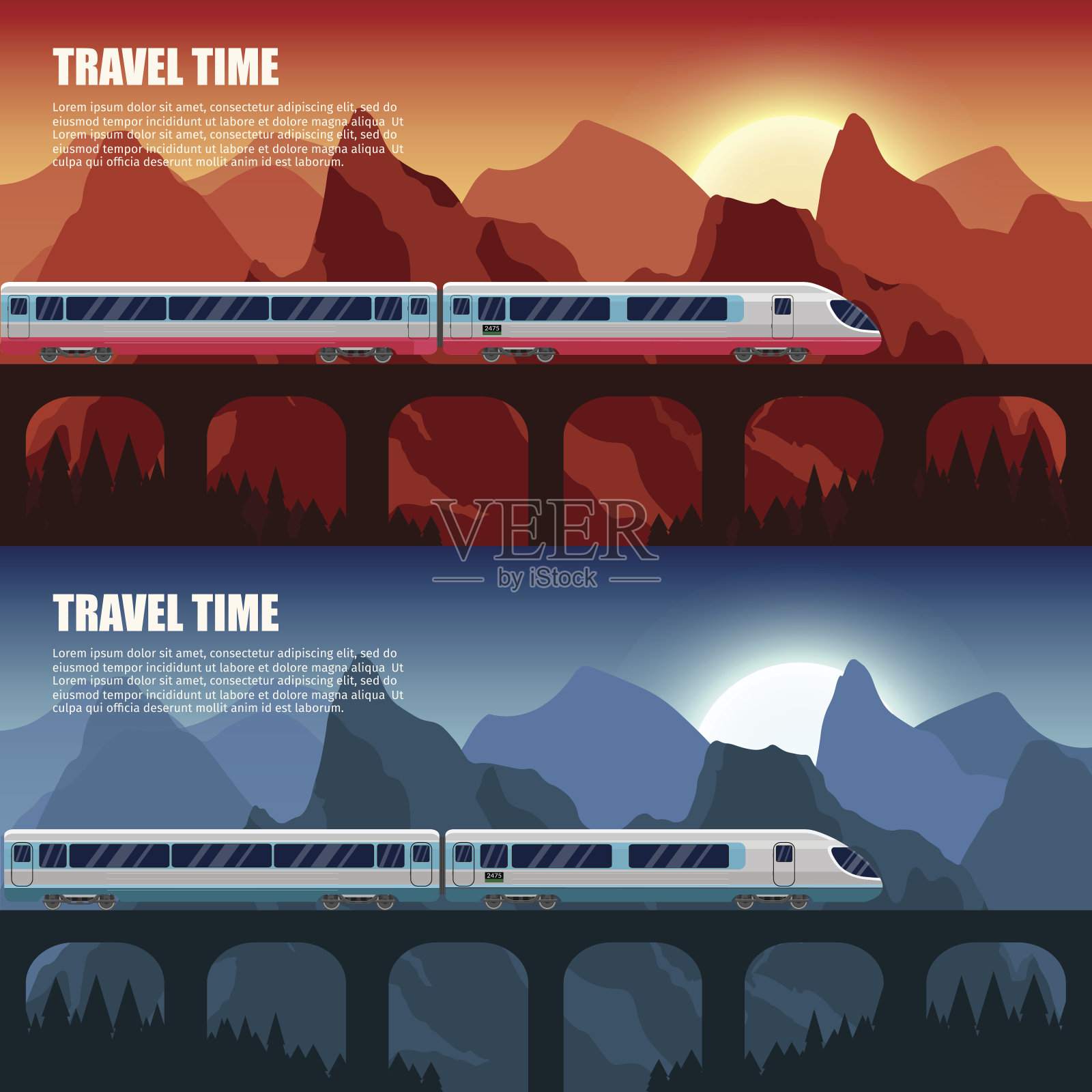 户外旅游列车与山桥矢量彩色横幅旅游横幅设置。插画图片素材
