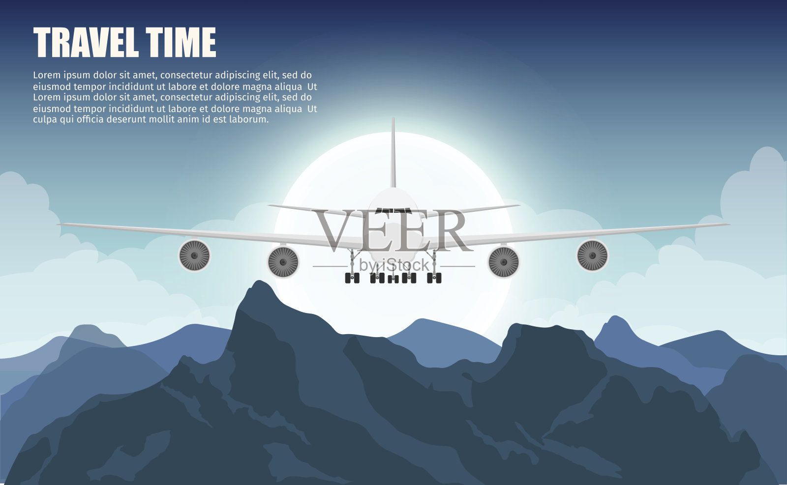 户外旅游飞机用高山彩色矢量平面横幅旅游横幅集。插画图片素材