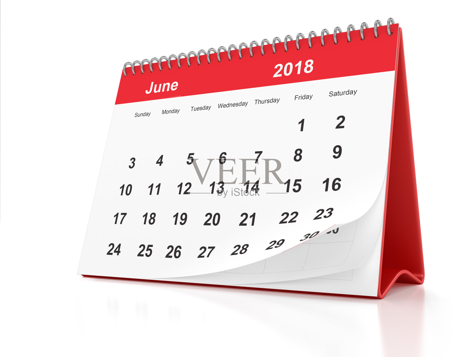 2018年6月白色背景上的红色塑料桌面日历照片摄影图片