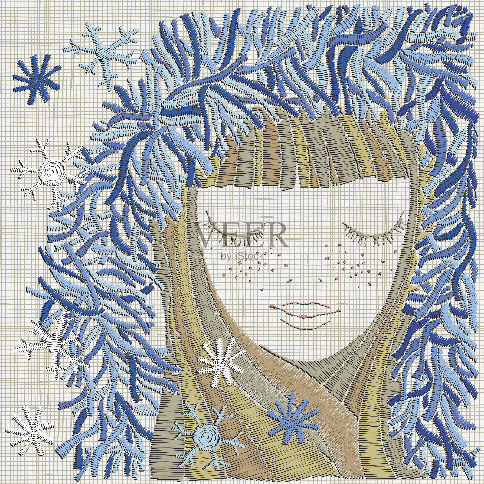 穿着蓝色毛绒绒的头巾和雪花的女孩。刺绣冬天的女孩。矢量刺绣家居装饰亚麻布纹理。插画图片素材