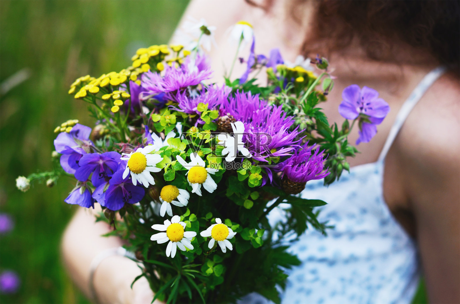 夏天的田野里，女孩拿着一束五颜六色的花照片摄影图片