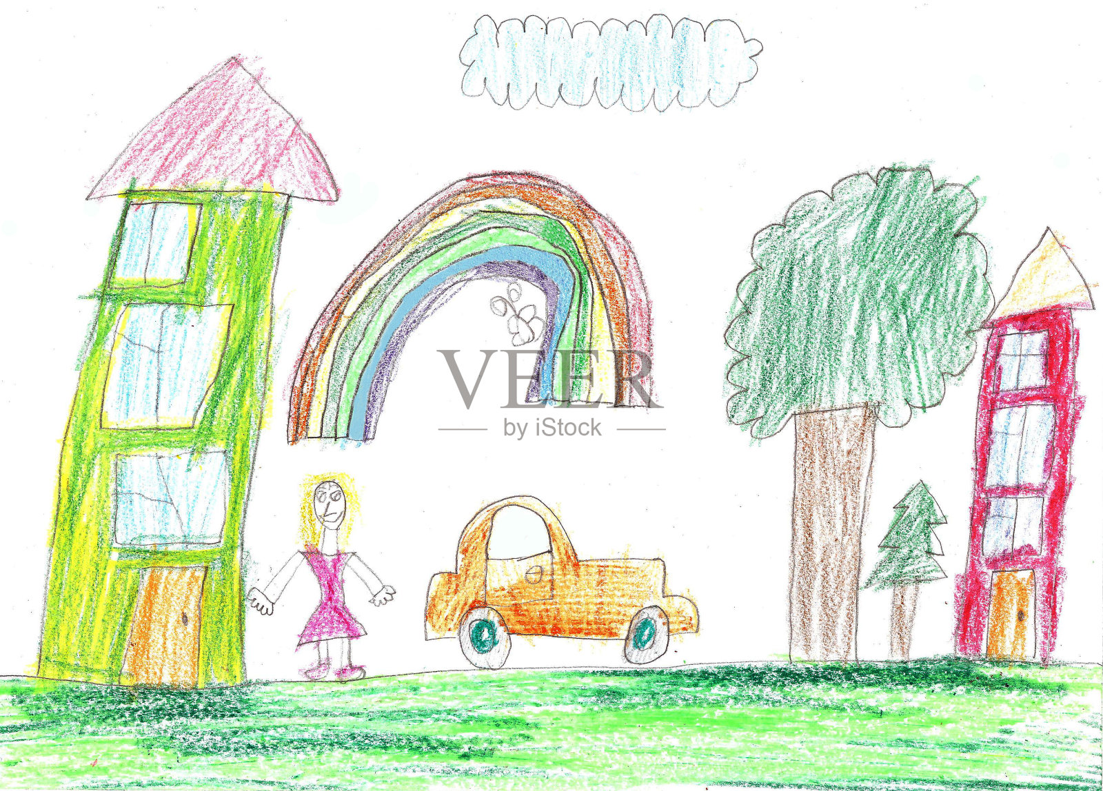 孩子的画。汽车，树和房子插画图片素材