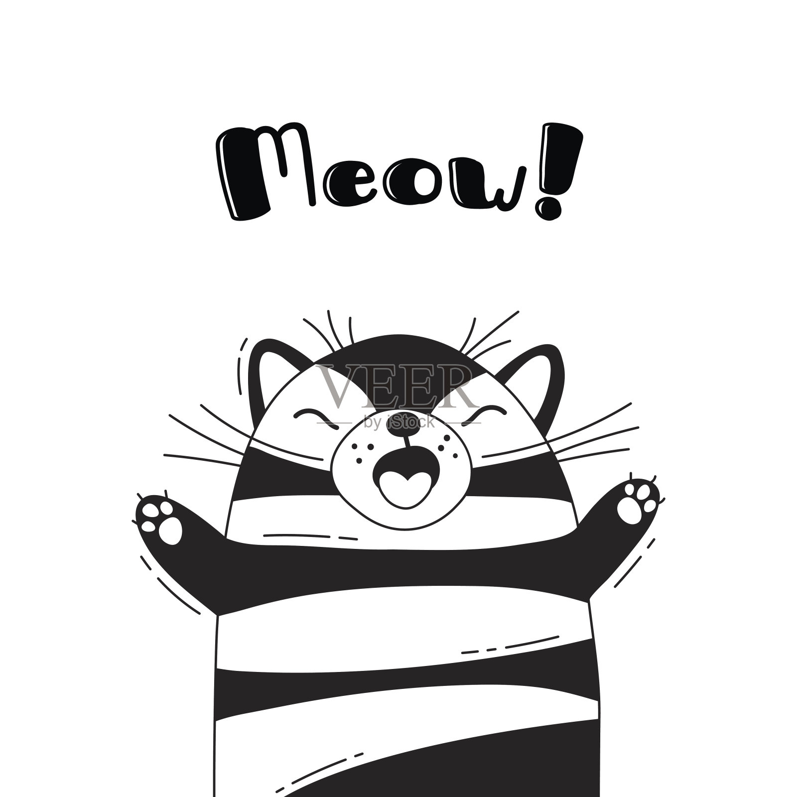 插图与快乐的猫谁叫-喵。设计有趣的头像，欢迎海报和卡片。可爱的动物插画图片素材