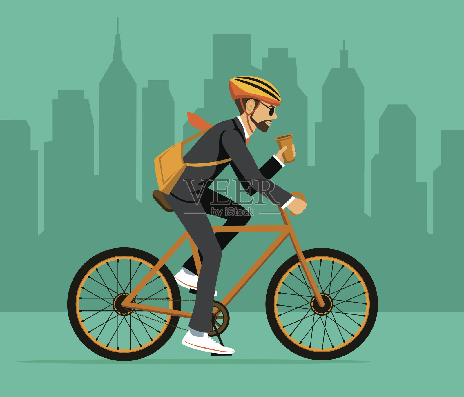 骑自行车上班的商人。环保时尚的城市自行车上班设计元素图片