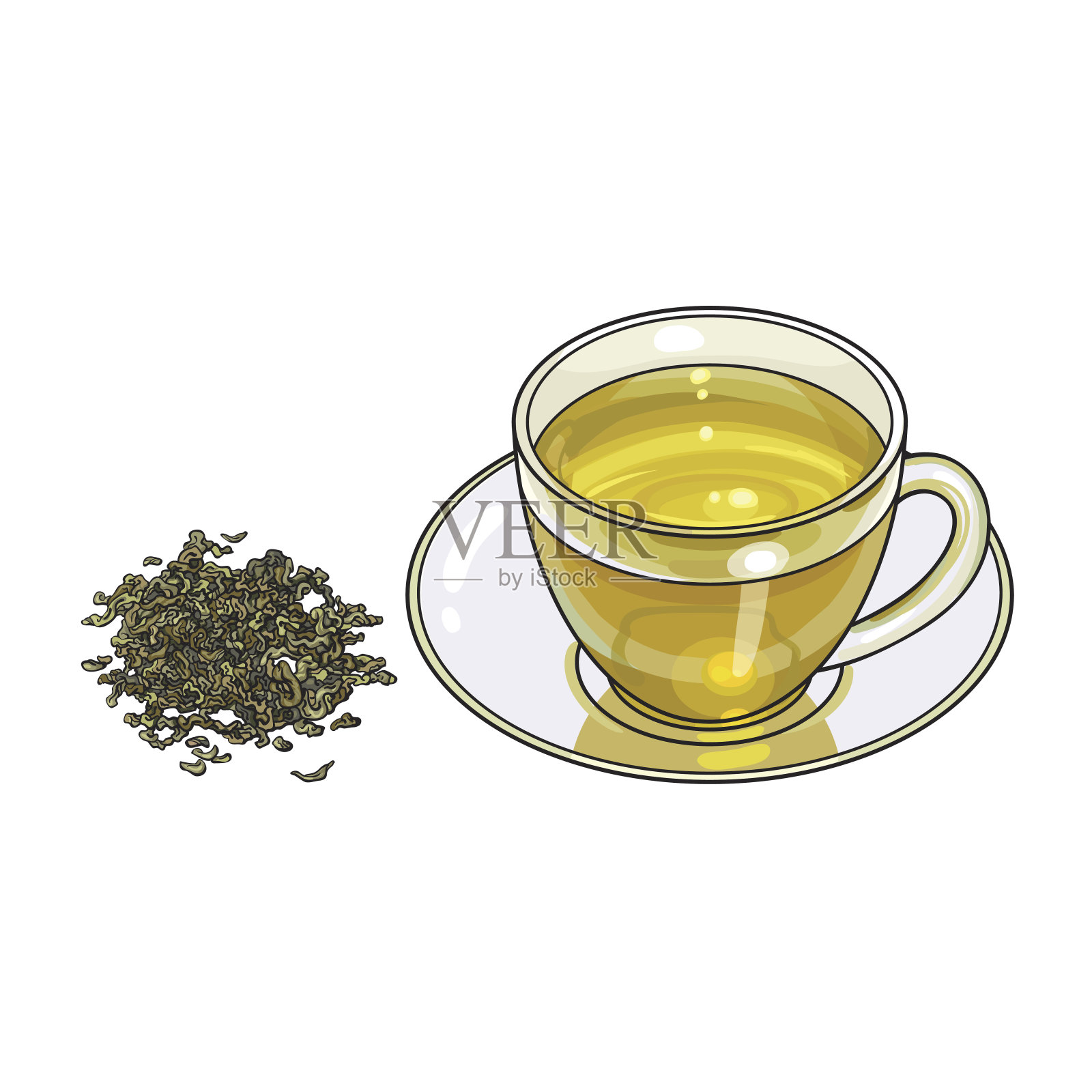 玻璃杯，茶碟和新鲜的绿茶叶设计元素图片