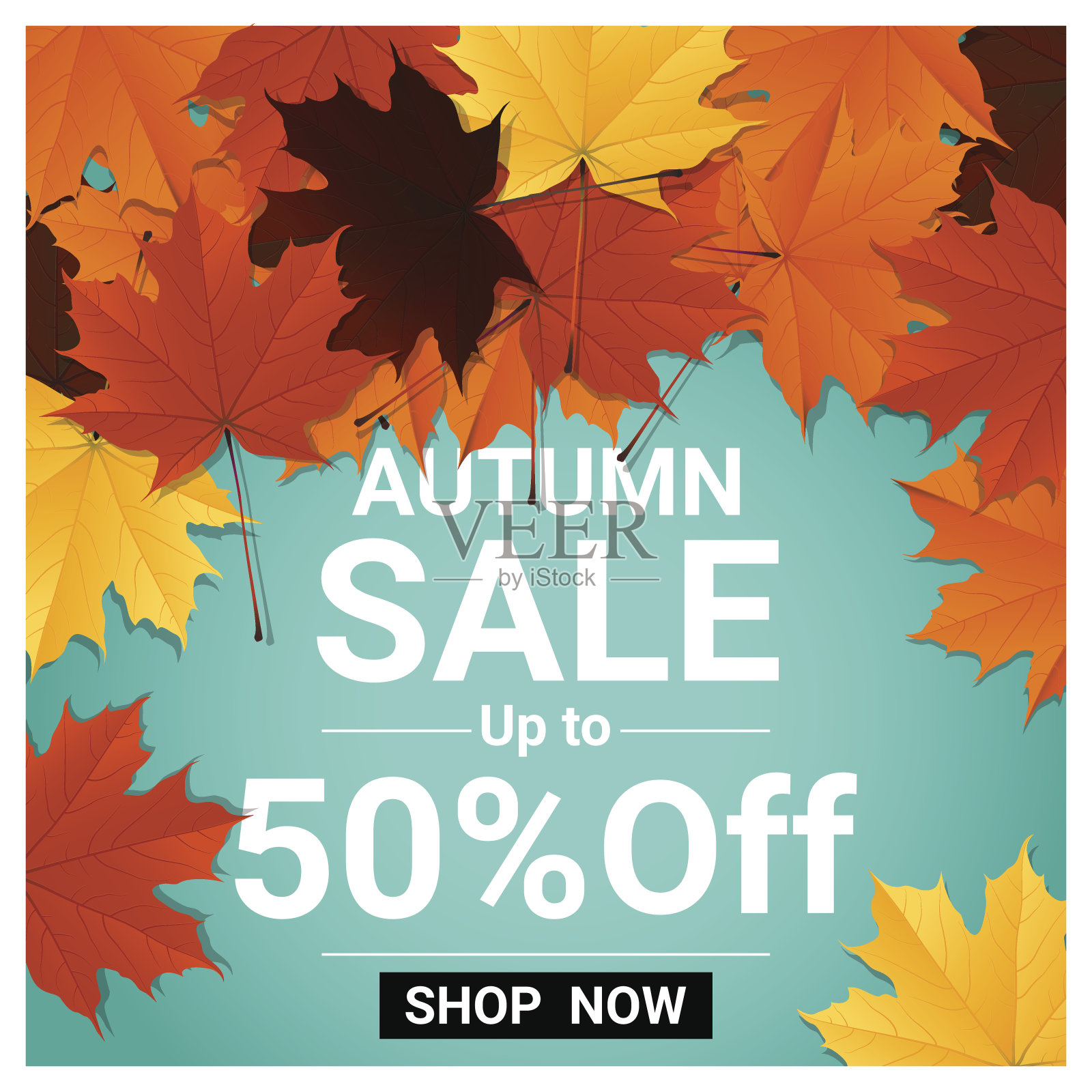 秋天的销售旗帜与彩色的叶子，矢量，插图设计模板素材