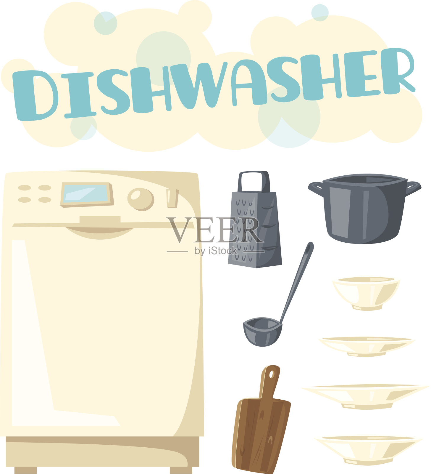 洗碗机用具和矢量厨房餐具设计元素图片