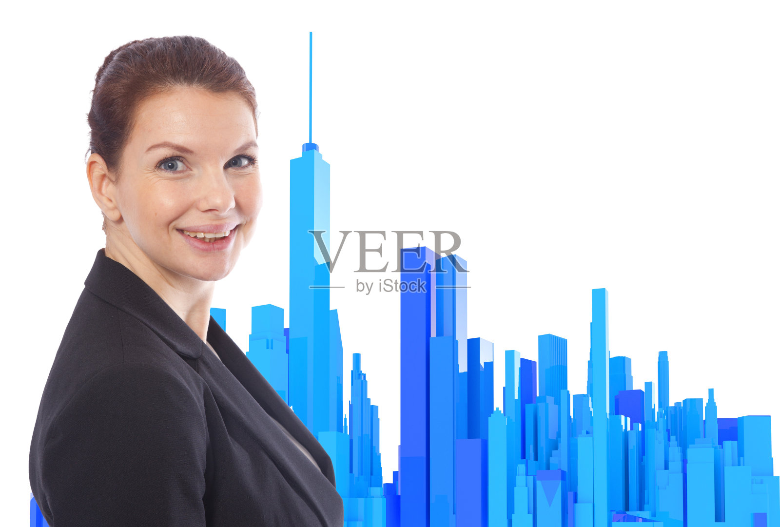 商业女性与3d渲染蓝色天际线孤立的白色背景照片摄影图片