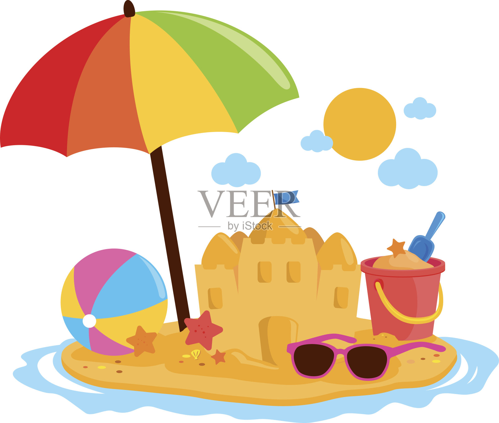 夏日度假岛上有沙滩伞、沙堡等沙滩玩具。插画图片素材