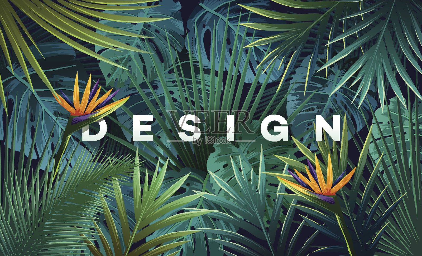 明亮的热带背景与丛林植物。带有棕榈叶的异国图案。插画图片素材