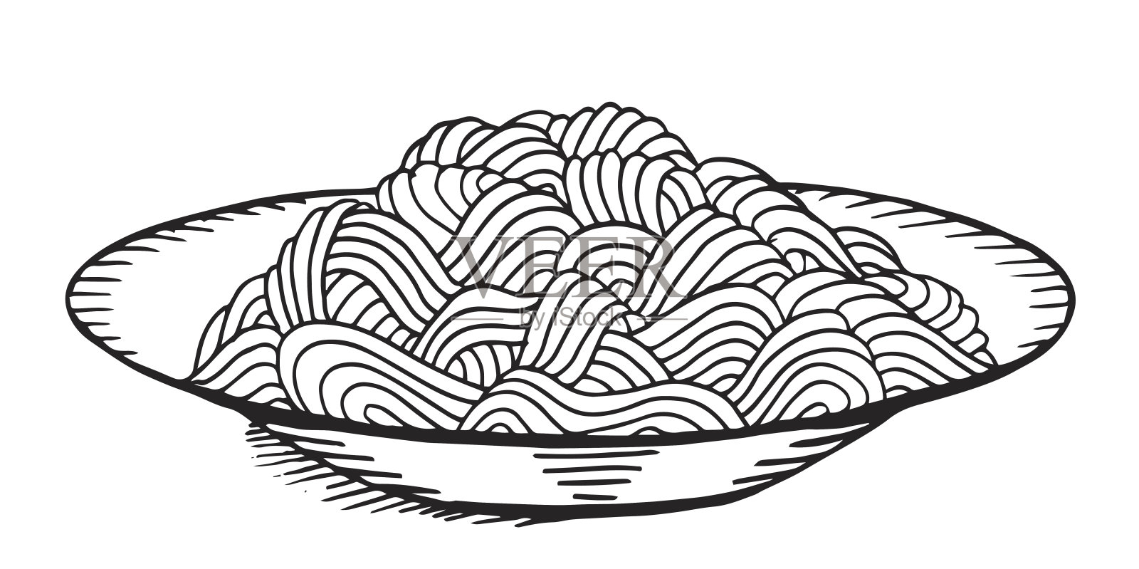 手绘涂鸦面条在盘子。-插图-插图-插图亚洲小麦面条，早餐，晚餐，饮食，食物插画图片素材