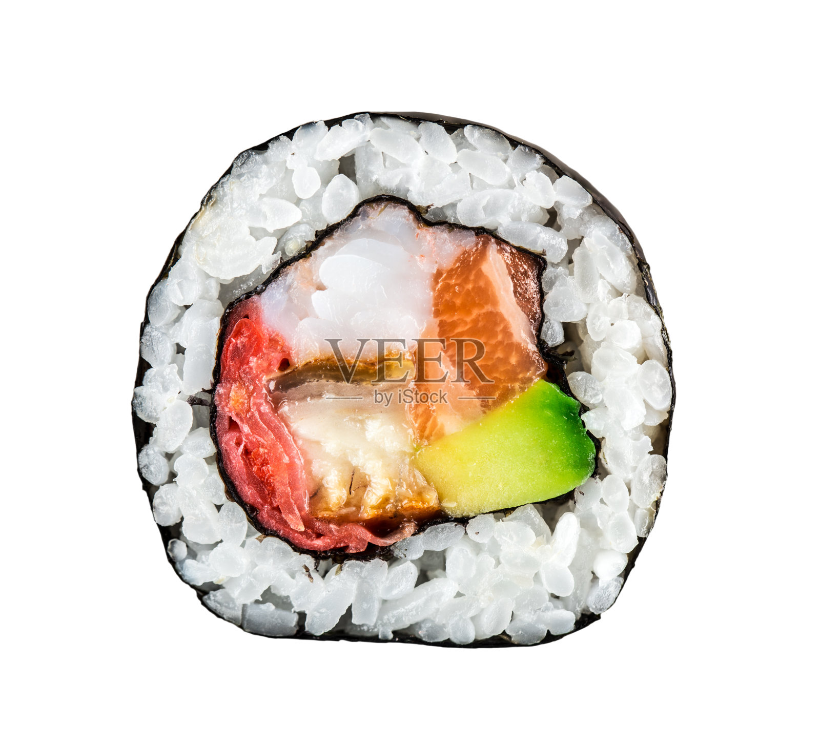 寿司卷配鲑鱼、虾和鳄梨照片摄影图片