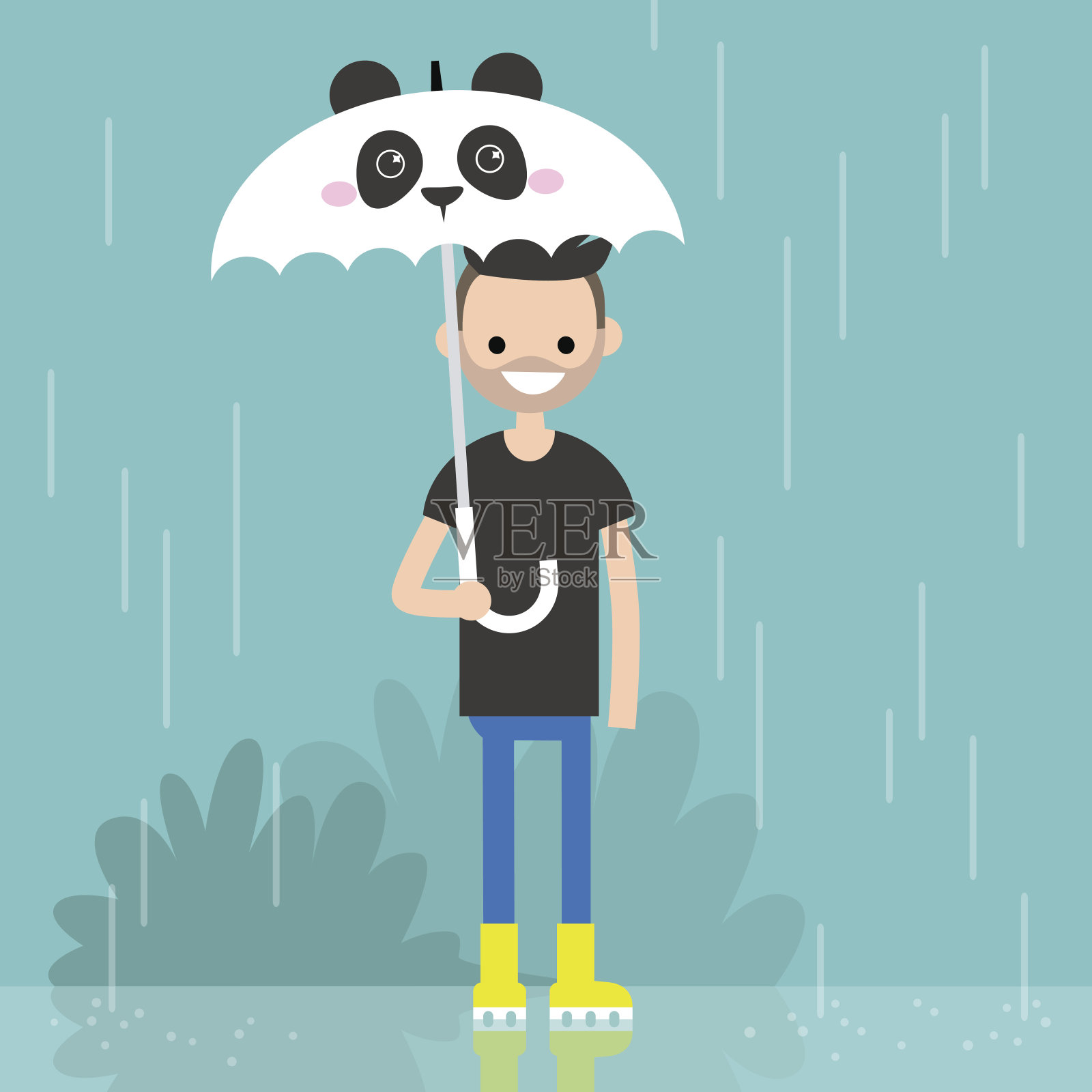 年轻微笑的字符拿着伞与熊猫口/平面可编辑矢量插图，剪辑艺术插画图片素材