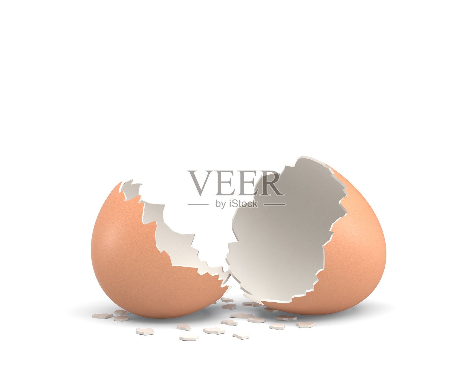 一个空的破鸡蛋的3d渲染，白色的背景上有一个棕色的壳照片摄影图片
