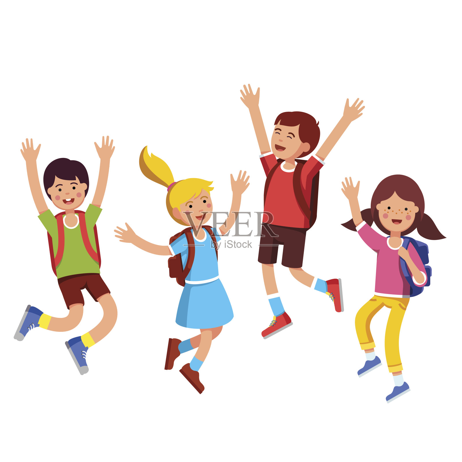 快乐的学生孩子们举起手跳起来设计元素图片