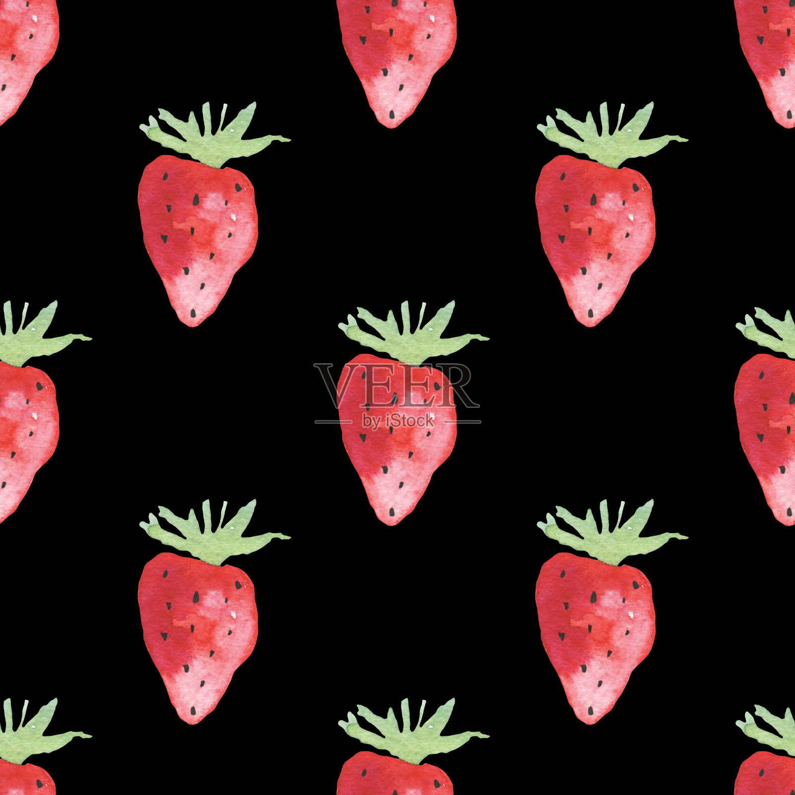 无缝图案手绘水彩草莓孤立在黑暗的背景插画图片素材