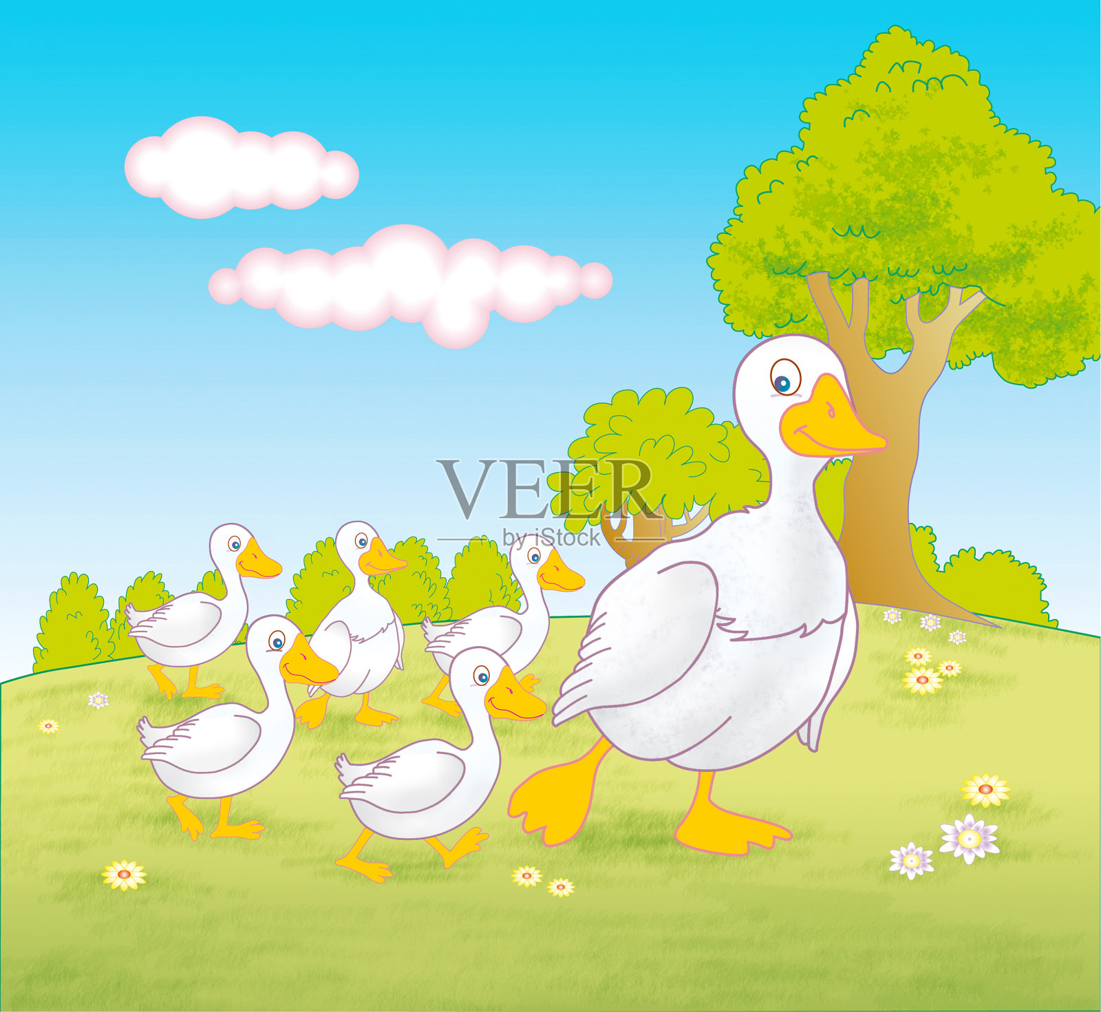 鹅妈妈和鹅宝宝走过田野- jpg插图插画图片素材