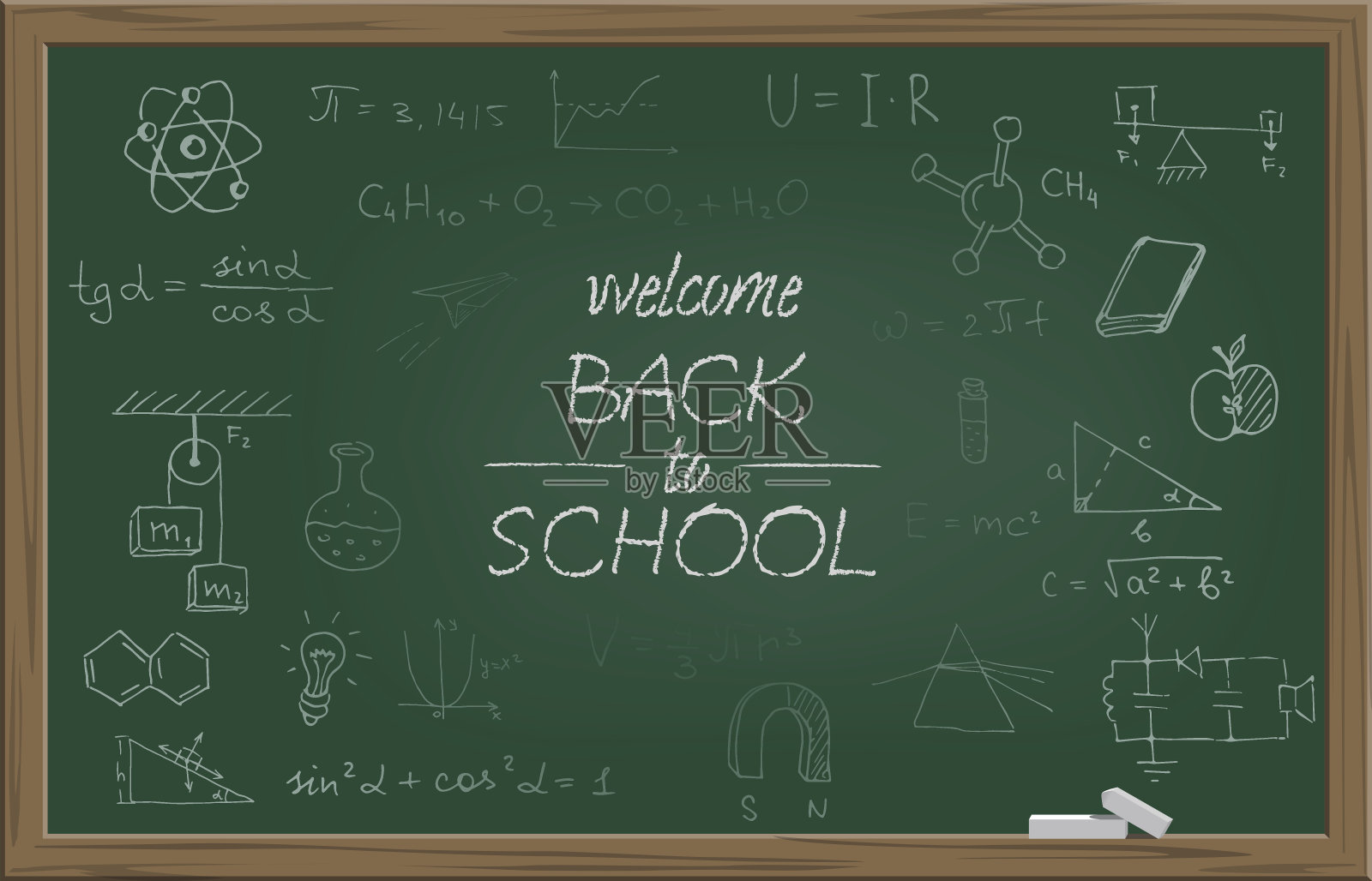 绿色学校黑板上的粉笔欢迎回到学校的文字和不同的学校符号。矢量插图。插画图片素材