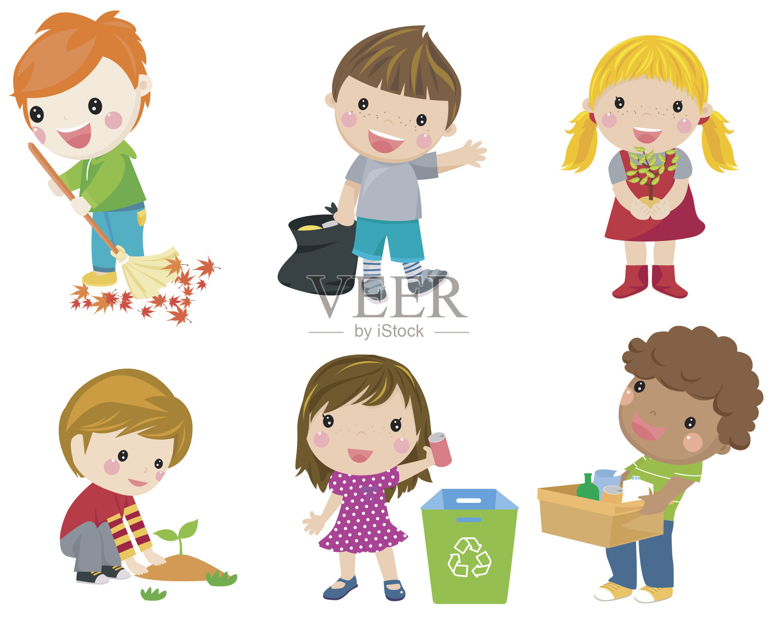 拯救地球。废物回收利用。孩子们种植小树。女孩用喷壶浇花。孩子们收集塑料瓶供回收利用。白色背景隔离设计元素图片
