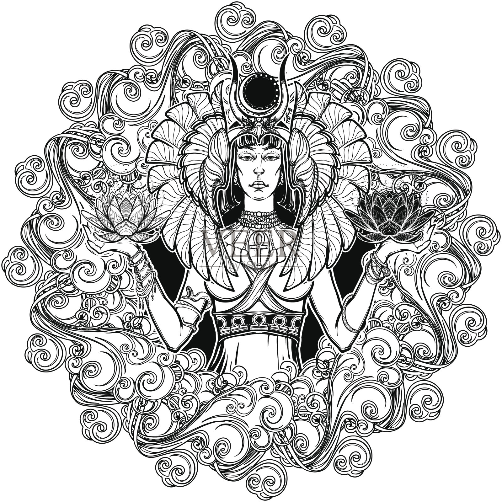 星座天秤座。埃及女神伊希斯手中平衡着黑白莲花，象征平衡。云的装饰框架。插画图片素材